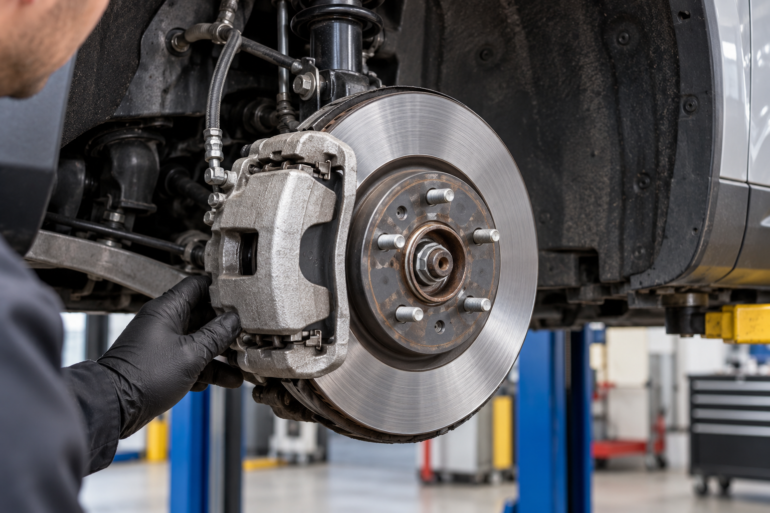 Close-up inspection of a compact SUV brake rotor and caliper.