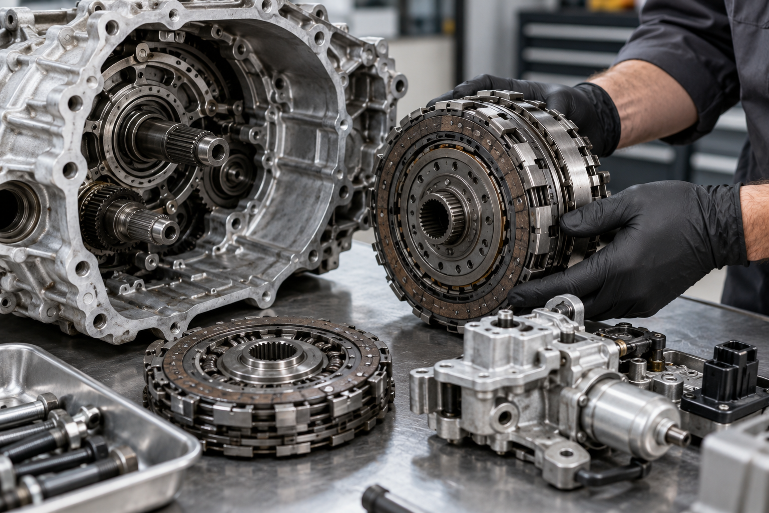 Technician inspecting dual-clutch transmission clutch-pack and actuator components.