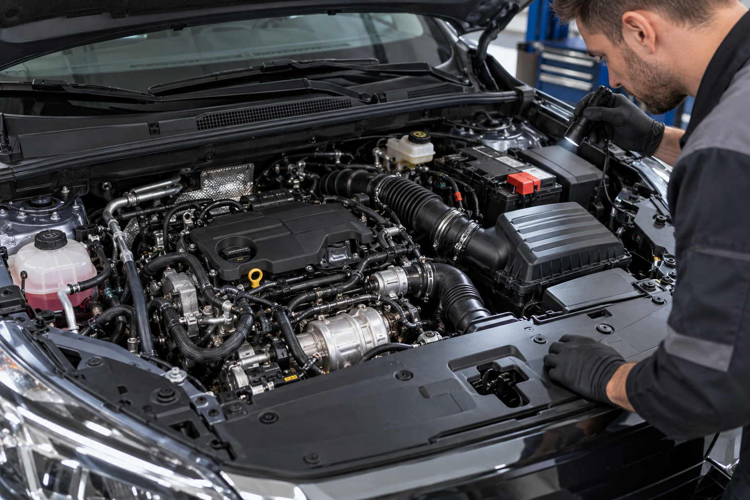 Full compact turbo engine bay during a professional visual inspection.