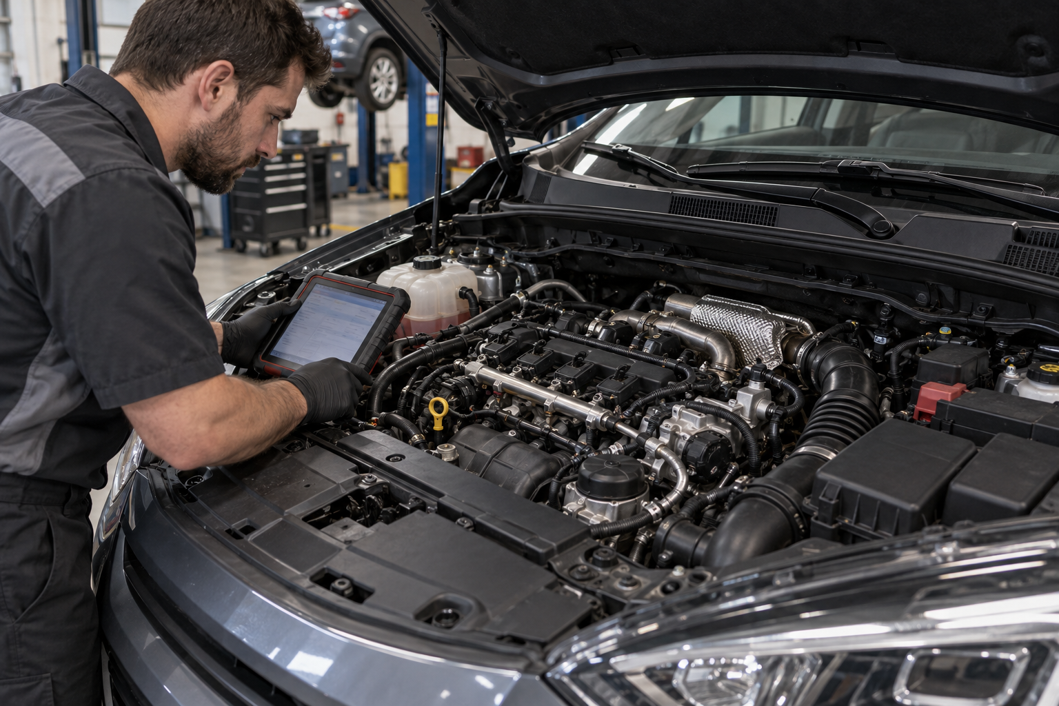 Technician diagnosing the direct-injection fuel system of a turbocharged four-cylinder engine.