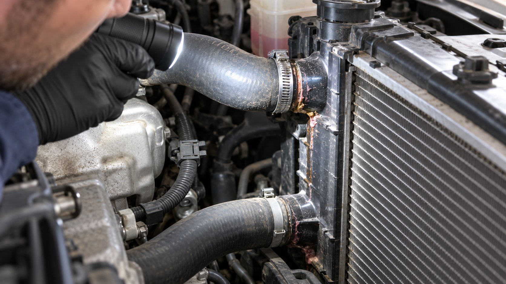 Radiator hose and plastic end-tank connection inspected for dried coolant residue.