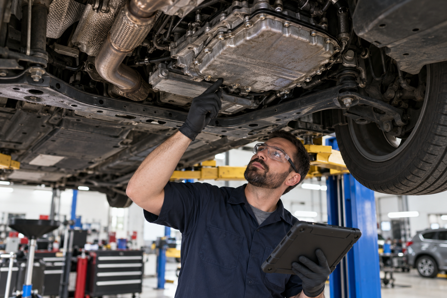 Technician inspecting automatic transmission components beneath a compact crossover.