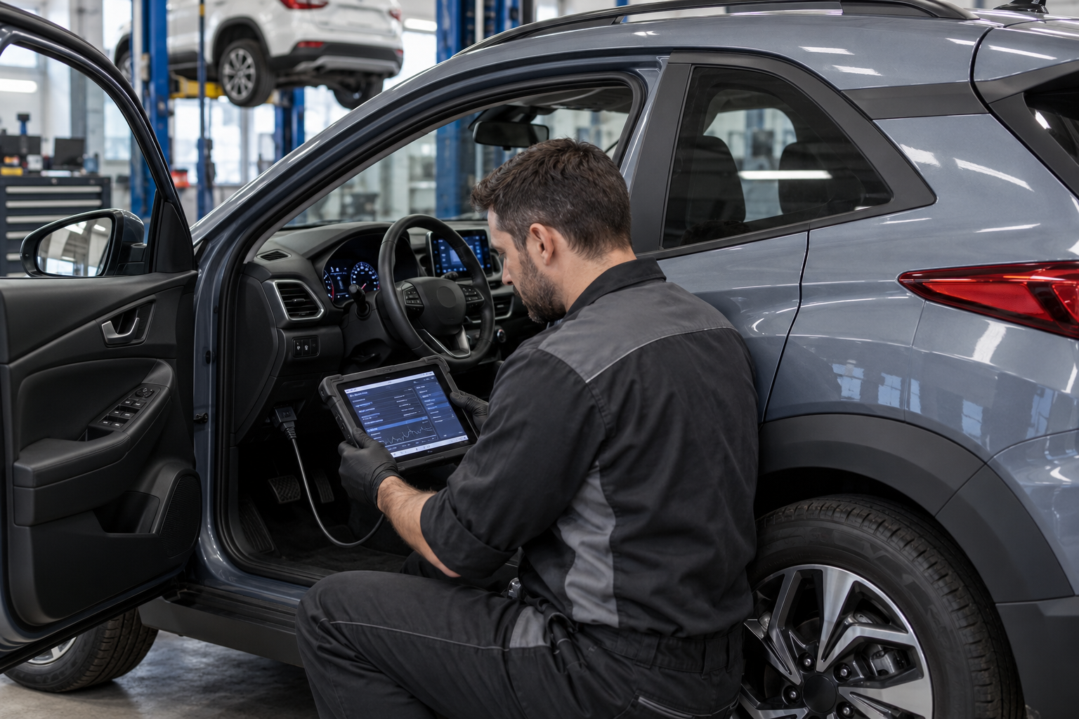 Technician connecting a scan tool to a compact crossover for transmission diagnostics.