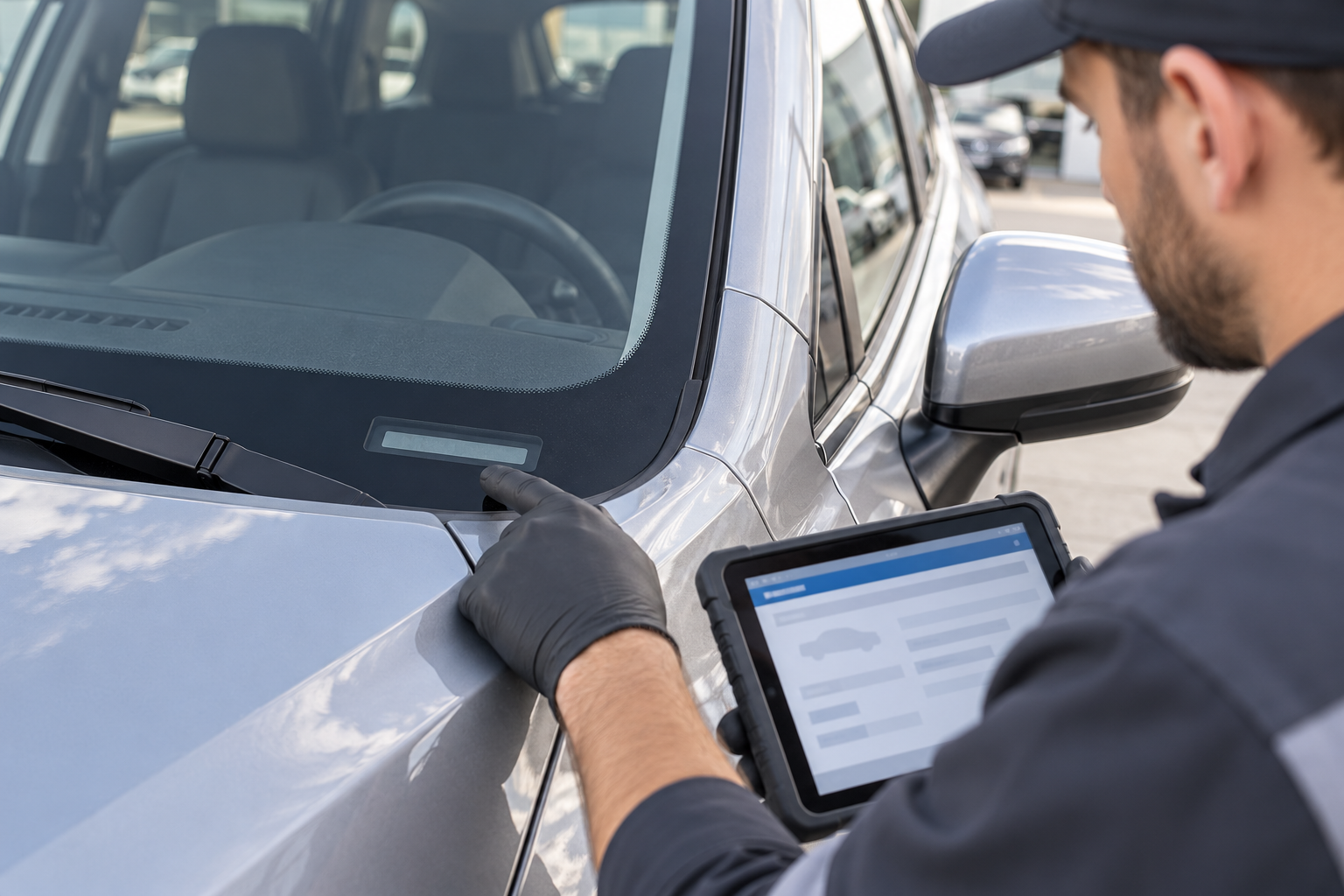 Technician using a tablet near a vehicle windshield while checking VIN recall information.