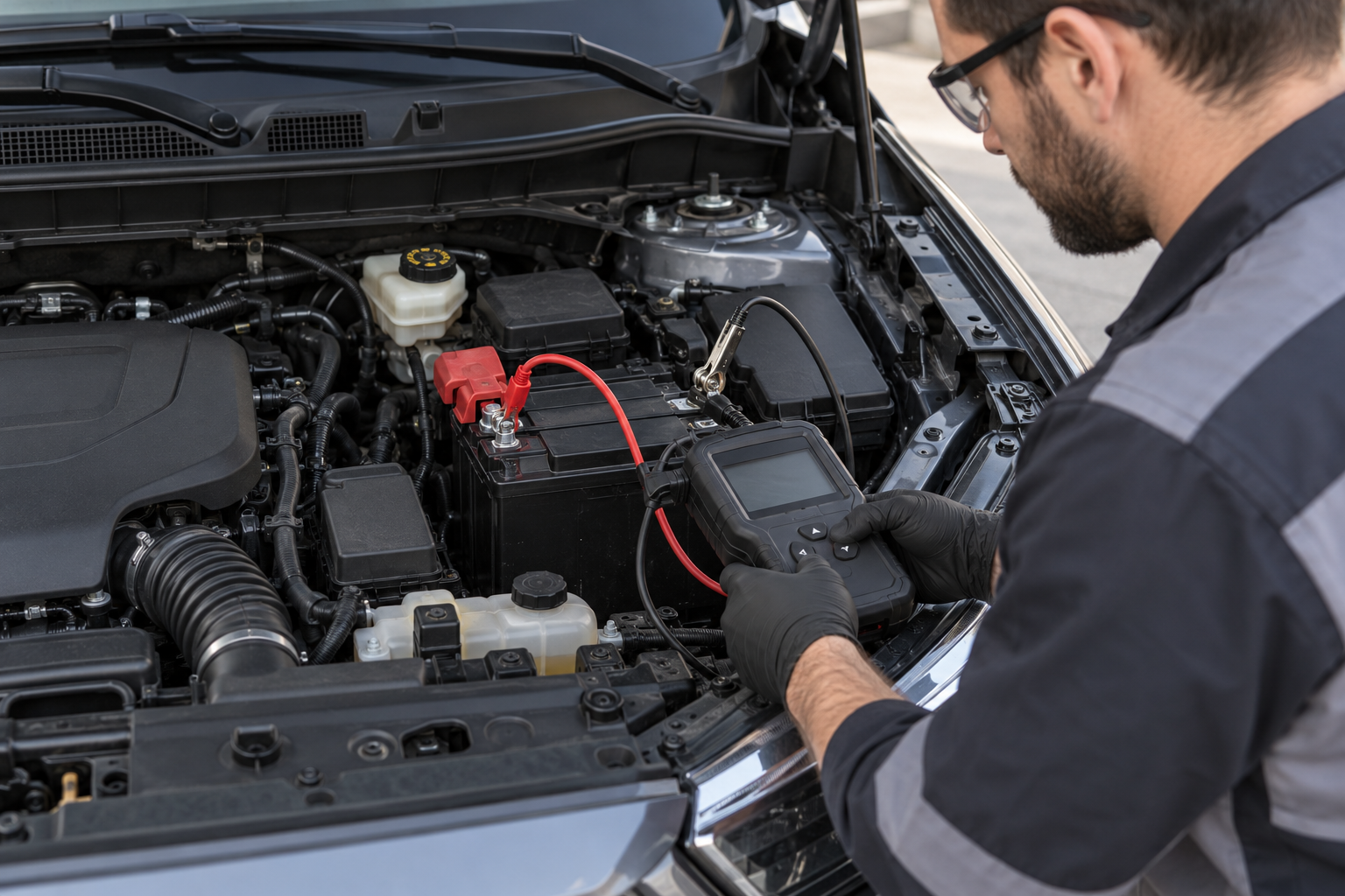 Technician testing a compact SUV battery and starting system.
