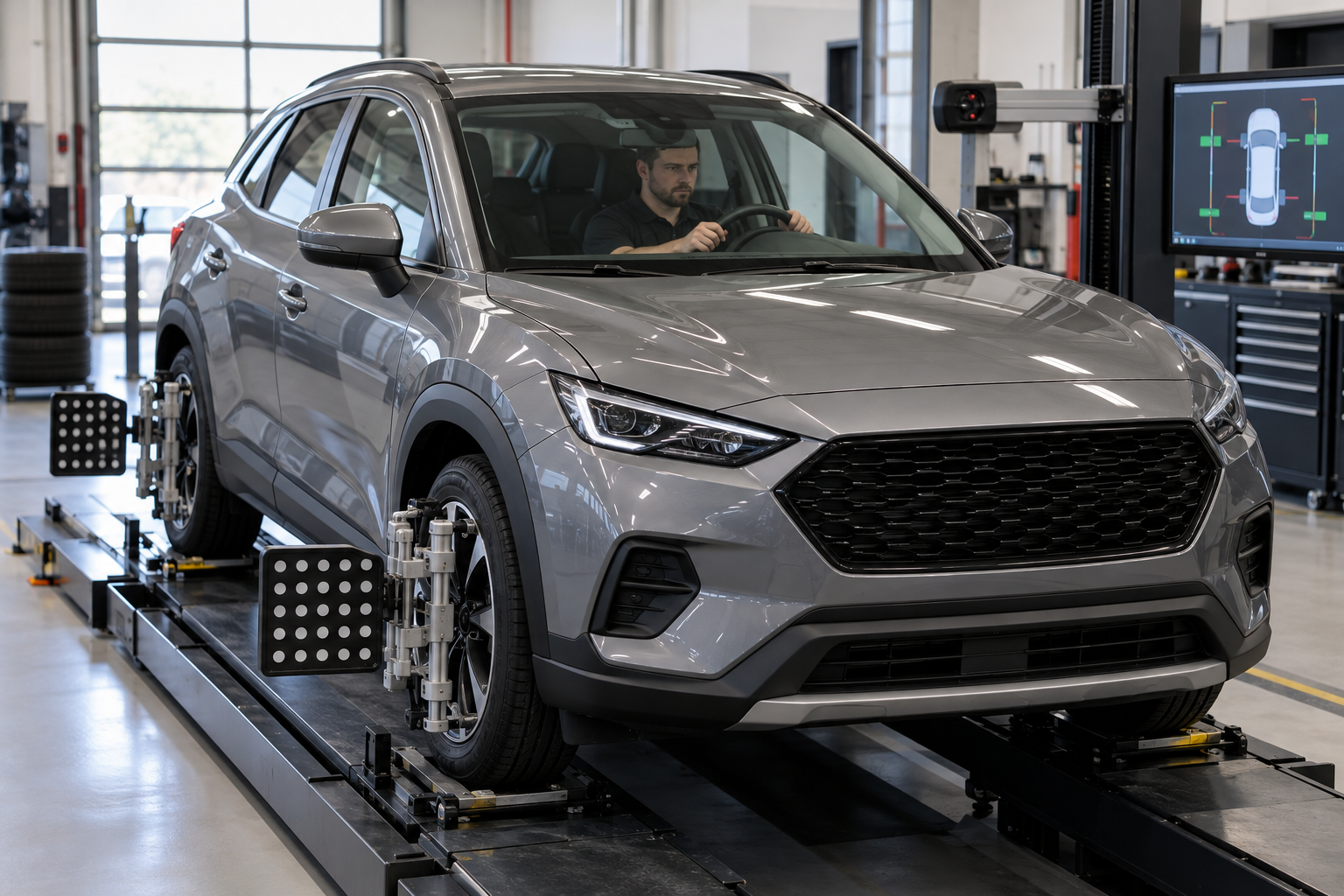 Compact crossover on an alignment rack during a steering-centering check.