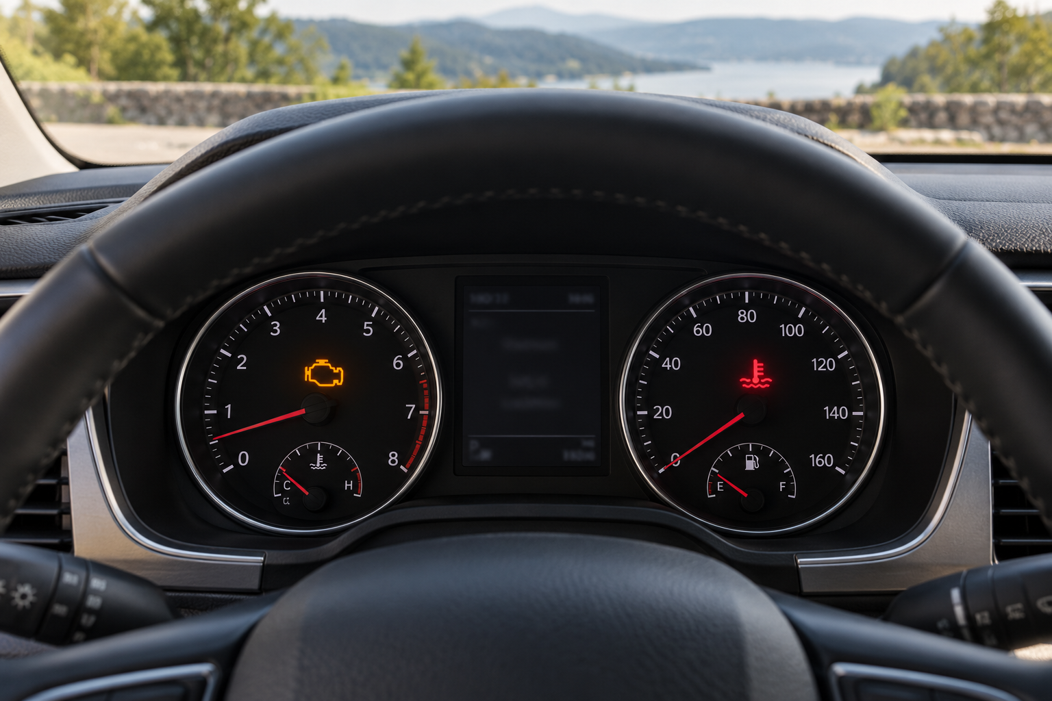 Parked compact SUV dashboard with generic check-engine and temperature warning icons.