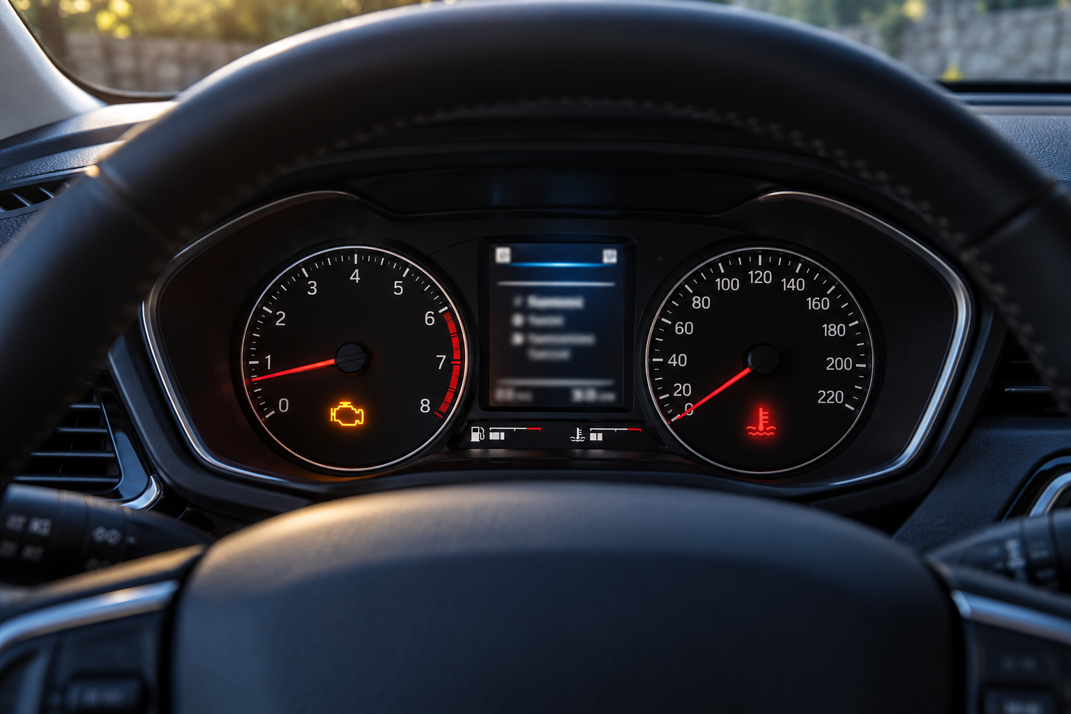 Parked compact SUV dashboard with generic check-engine and temperature warnings.