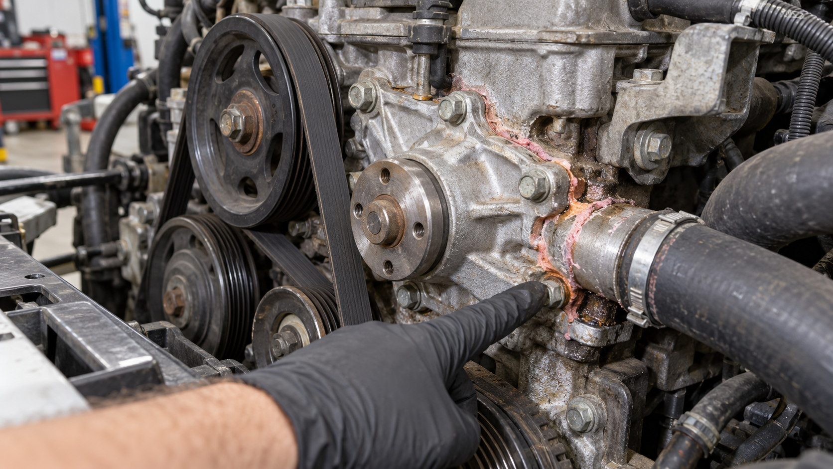 Water pump and hose area showing dried coolant residue during inspection.