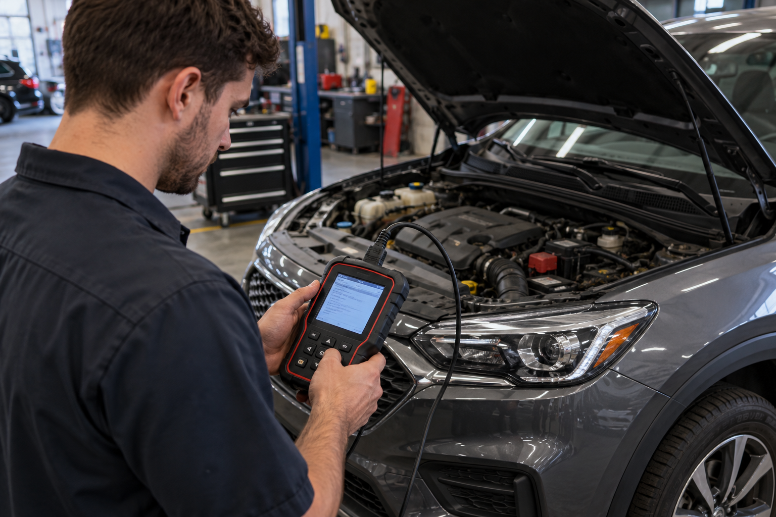 Technician using an OBD-II scanner beside a compact crossover engine bay.