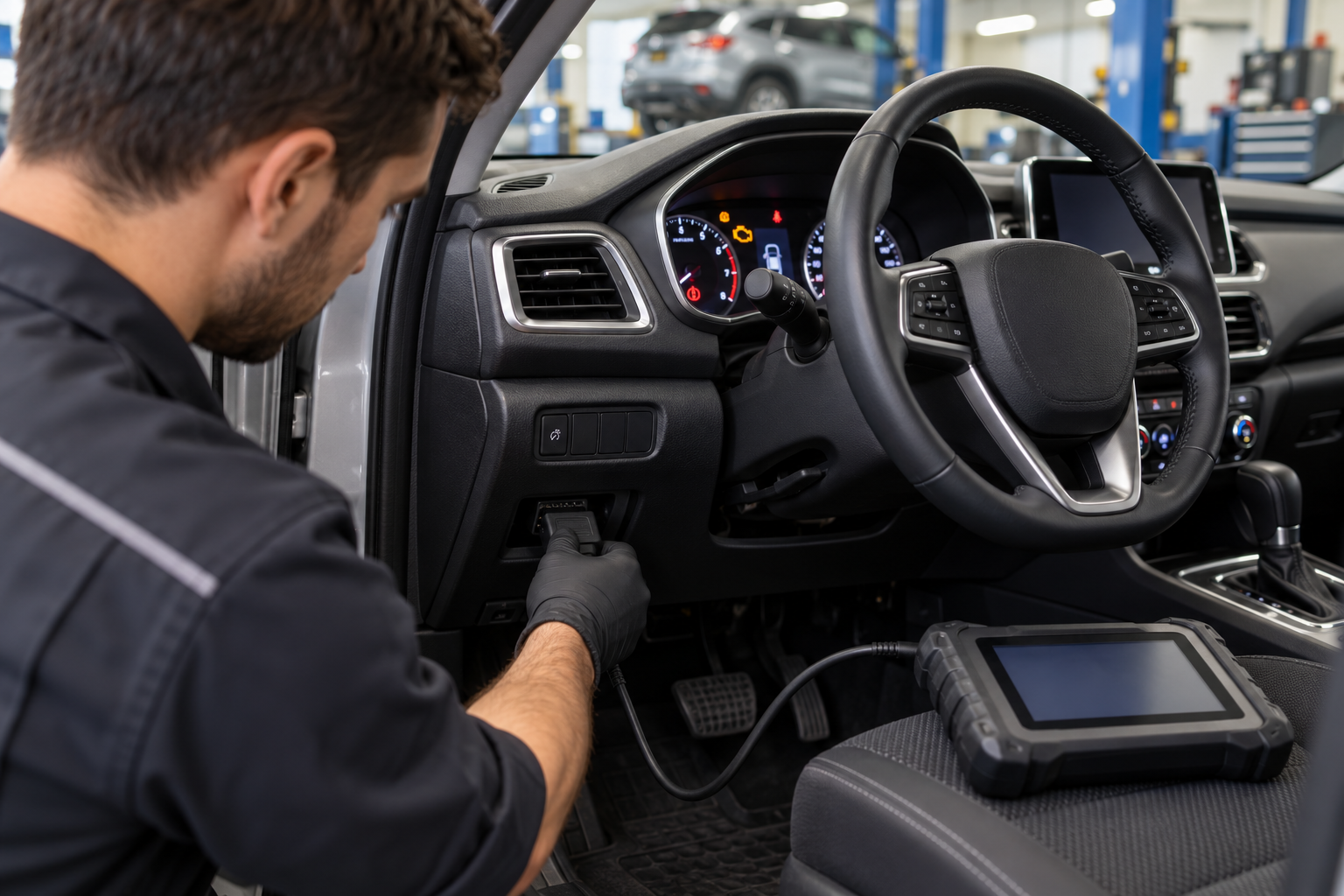 Technician connecting a diagnostic tool at a compact SUV OBD port.