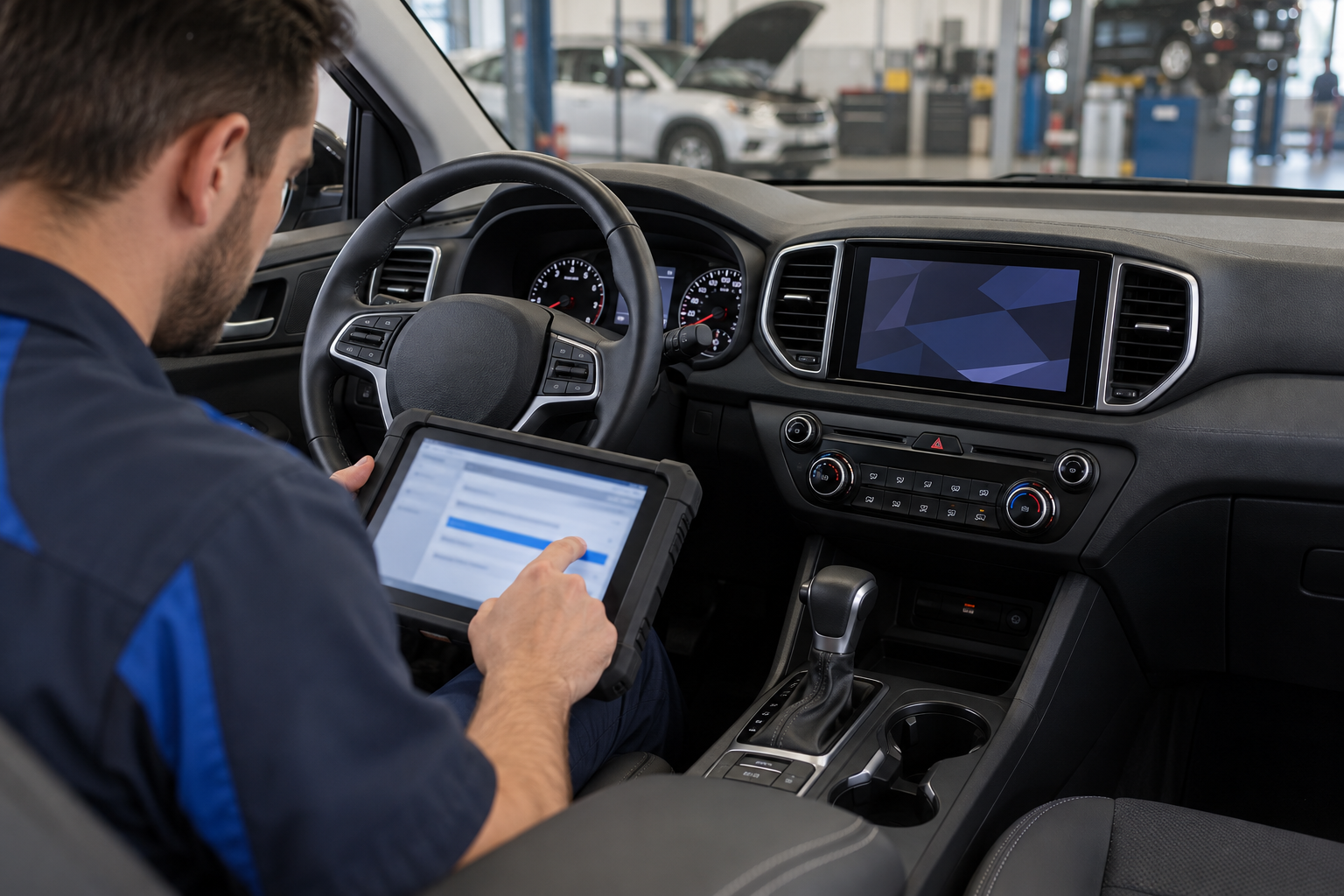 Technician diagnosing a frozen compact SUV center display.
