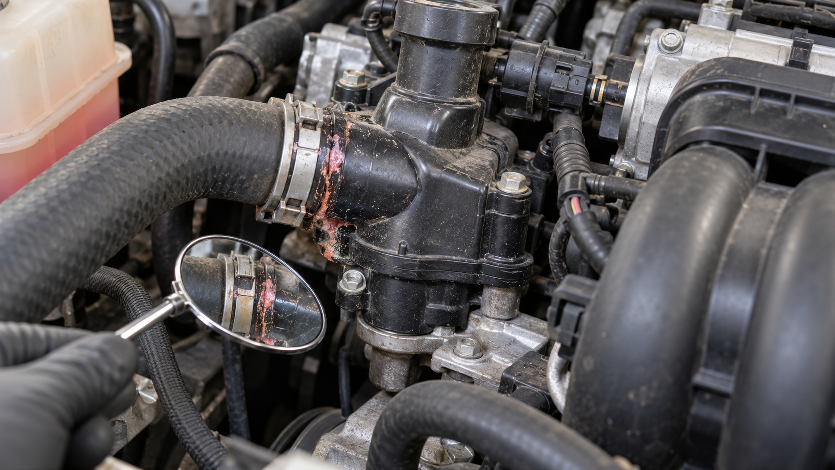 Thermostat housing and intake-side coolant plumbing inspected with a mirror.
