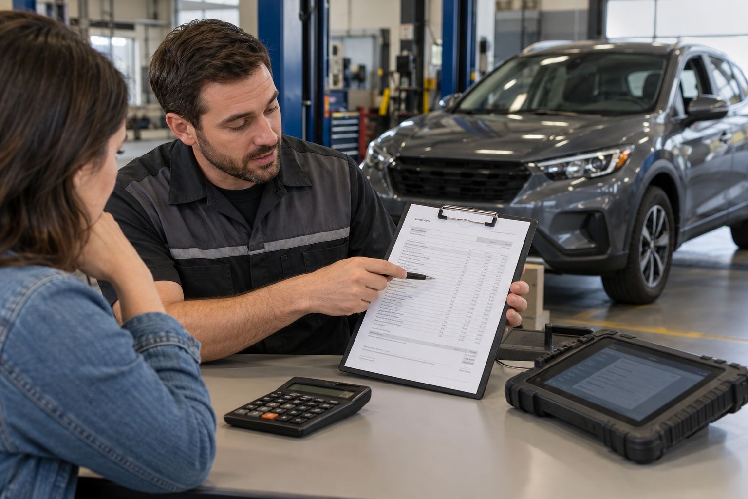 Service advisor explaining an automotive repair estimate to a vehicle owner.