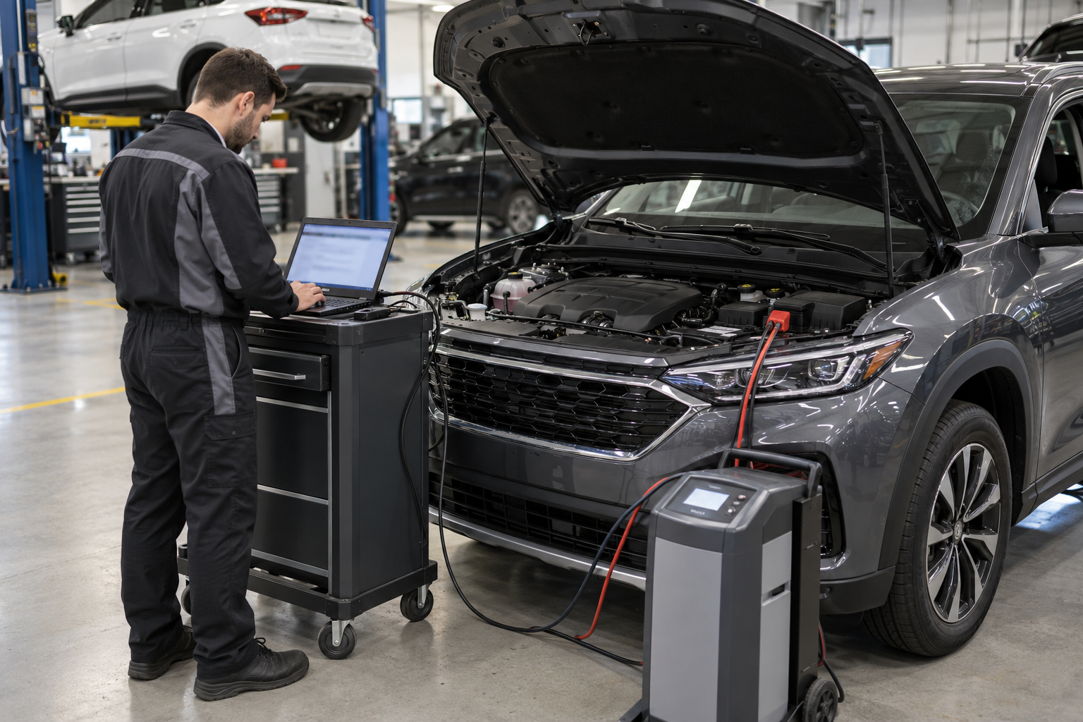Technician performing a drivetrain software update and calibration in a workshop.