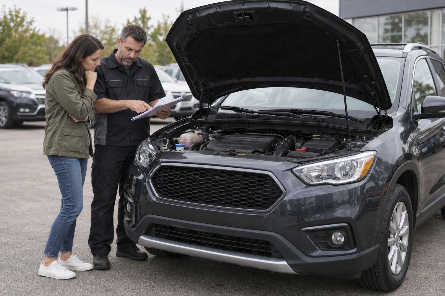 Buyer and independent technician reviewing records during a compact SUV inspection.