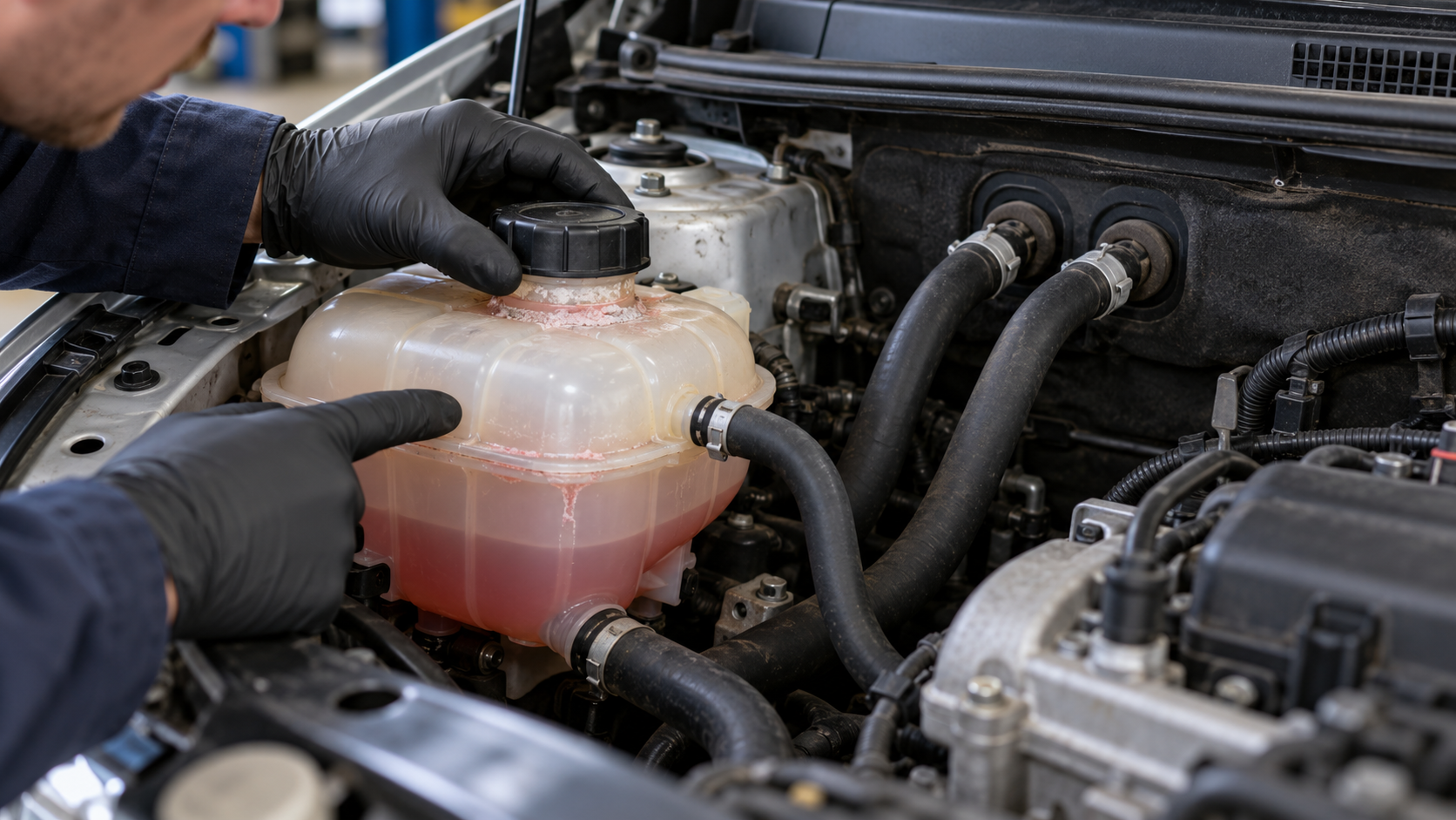 Coolant surge tank cap and heater-hose connections inspected for leakage.