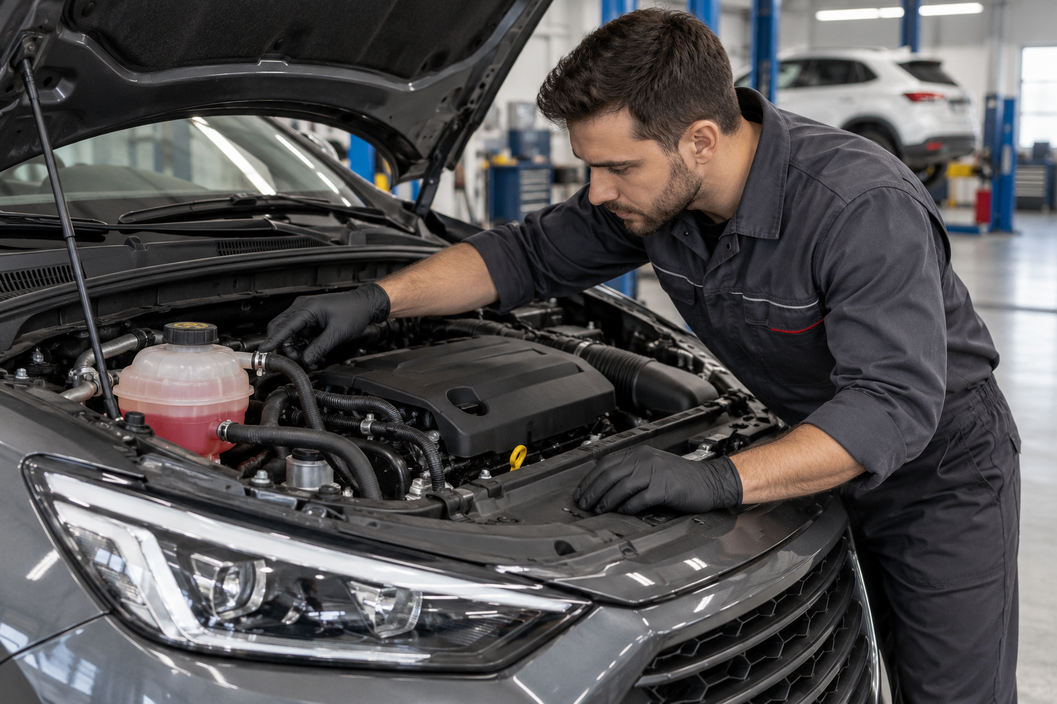Technician checking coolant reservoir level and hose connections during routine service.