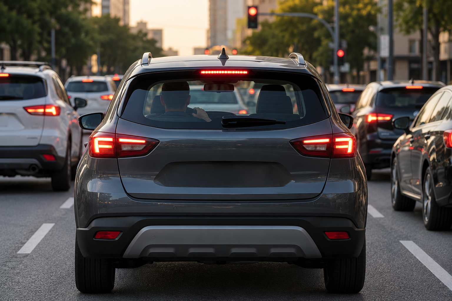 Compact crossover stopped correctly in city traffic with brake lights illuminated.