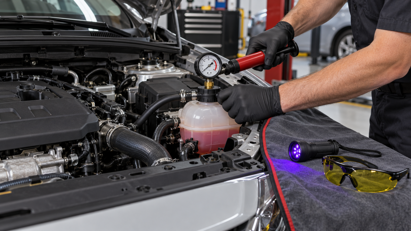 Technician using a pressure tester and UV inspection equipment on a coolant reservoir.