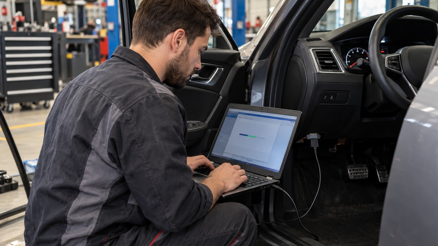 Mechanic performing a TCM software update