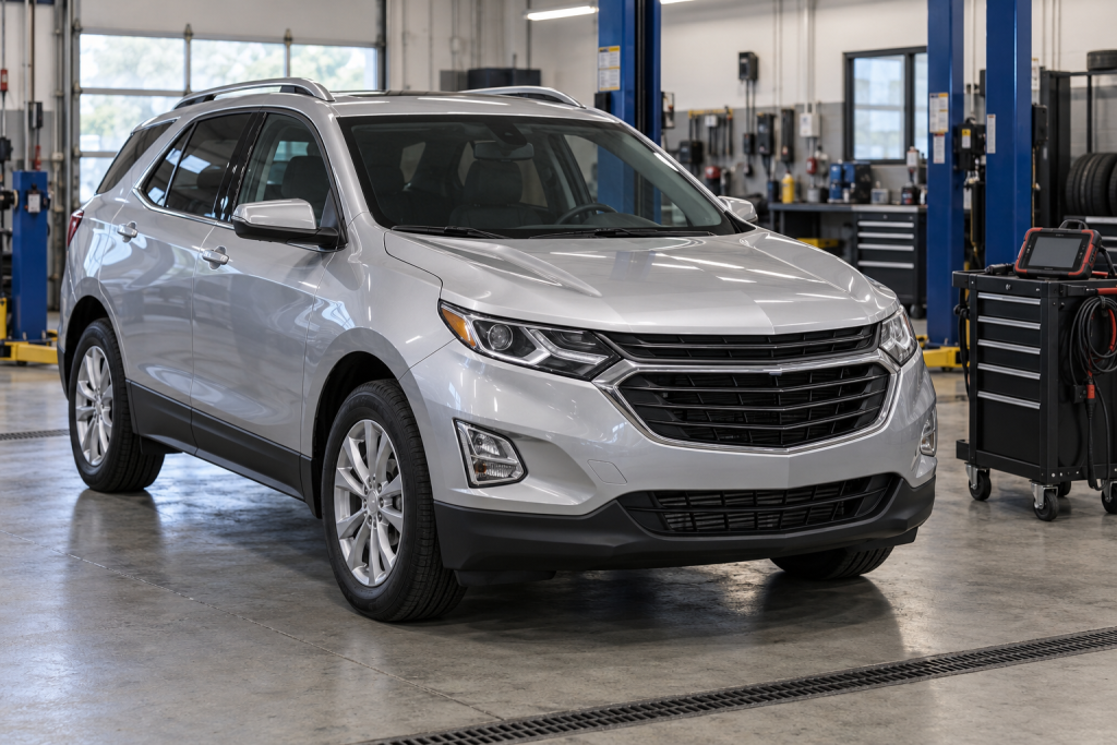 Silver compact SUV in an automotive service bay for a 2018 Chevrolet Equinox reliability guide.