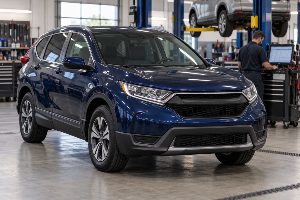 Dark blue compact crossover in a service bay for a 2017 Honda CR-V reliability guide.
