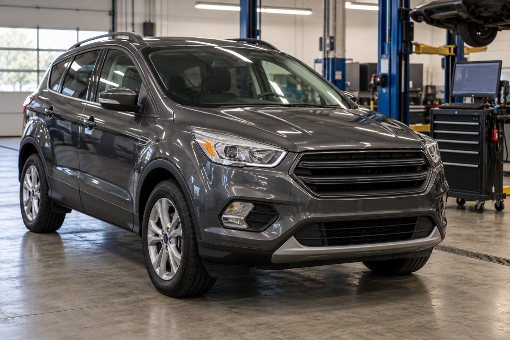 Dark gray compact crossover in a service bay for a 2017 Ford Escape reliability guide.