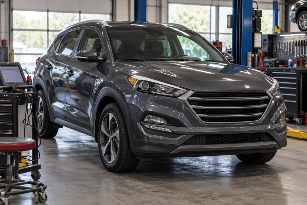 Dark gray compact crossover in a service bay for a 2017 Hyundai Tucson DCT reliability guide.