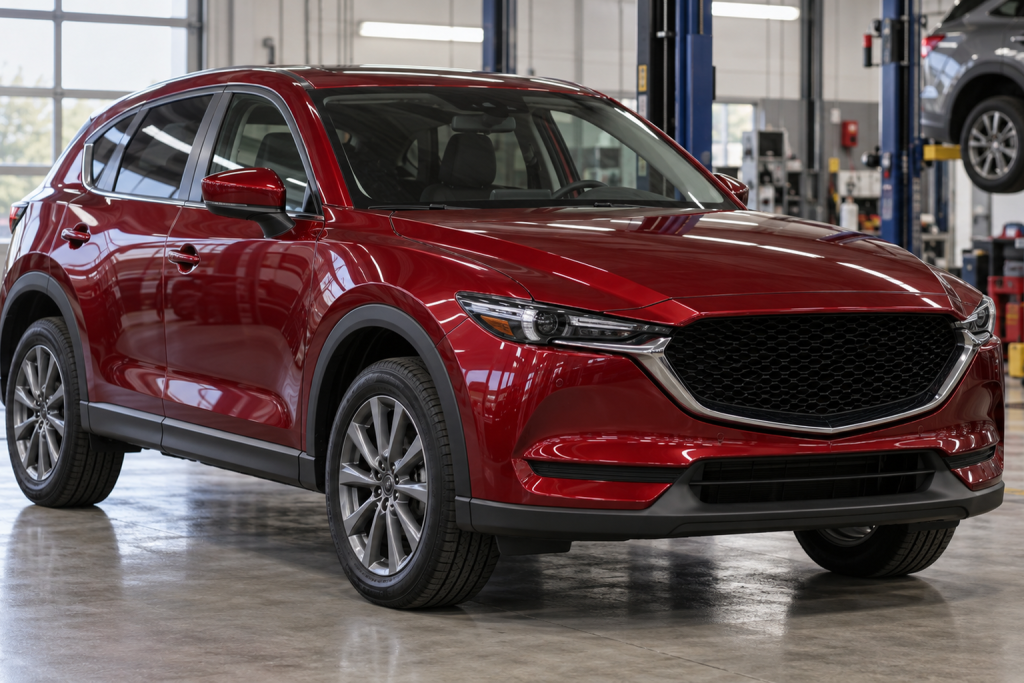 Dark red compact crossover in a service bay for a 2018 Mazda CX-5 reliability guide.