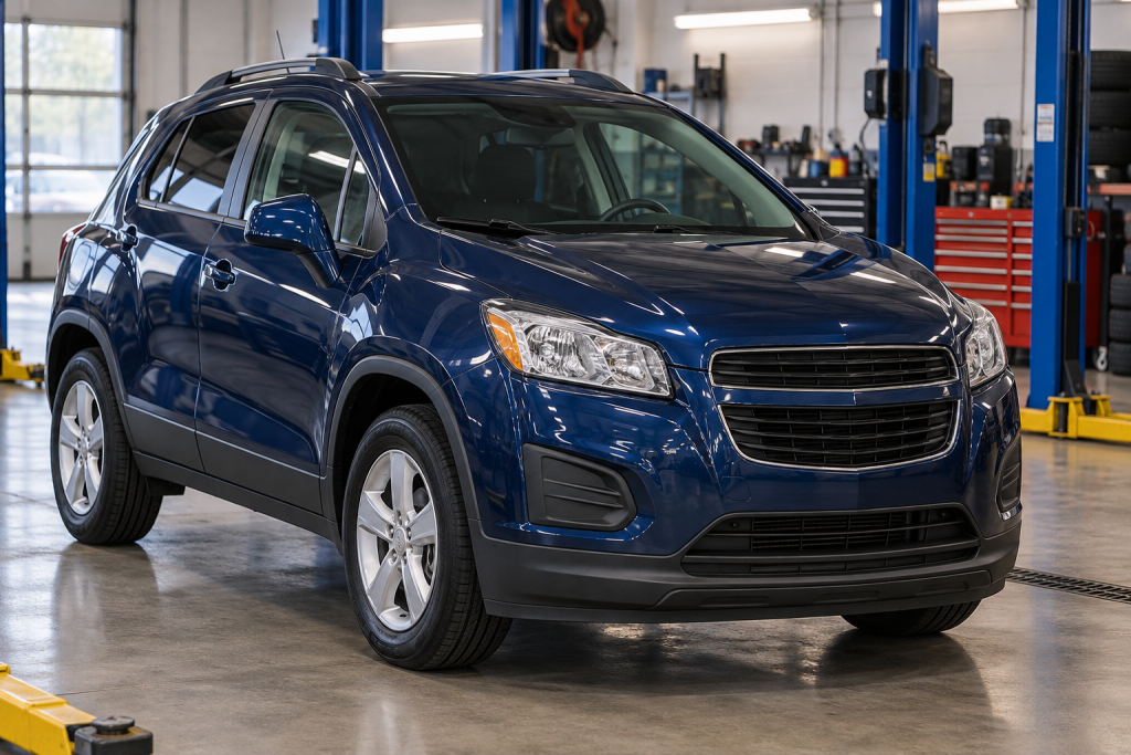 Dark blue compact crossover in a service bay for a 2016 Chevrolet Trax reliability guide.