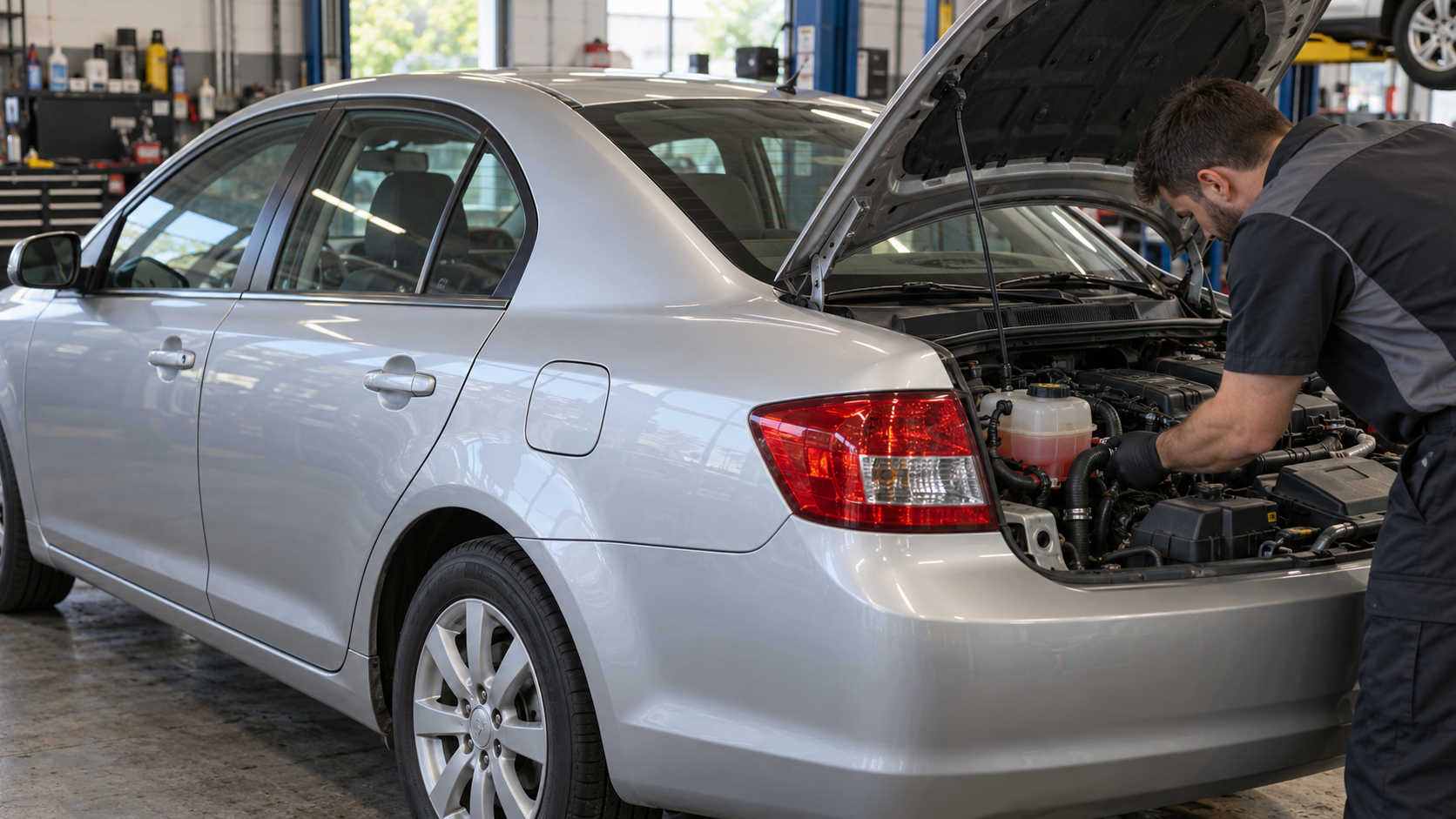 Generic compact sedan receiving a cooling-system inspection in a repair bay.